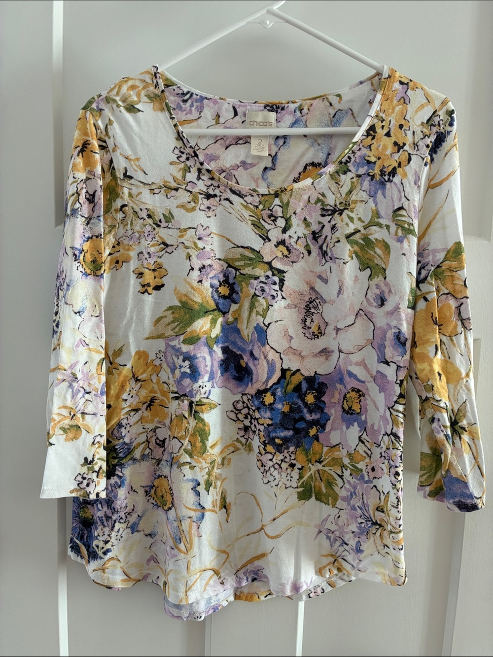 Chico's White Floral Tunic with Yellow, Purple & Green